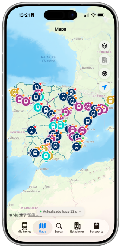 Mapa de España con trenes en circulación en tiempo real